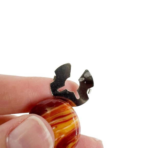 Handmade Round Orange Faux Agate Stone Button Covers & Pierced Earrings - Picture 5 of 9